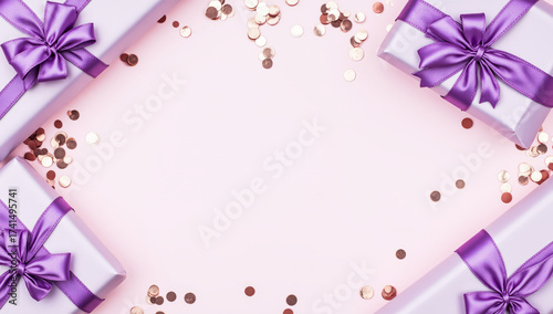 Photograph of a festive arrangement with four white gift boxes, each tied with a shiny purple ribbon and bow, positioned in the corners. The background is a soft pink surface, with scattered gold and