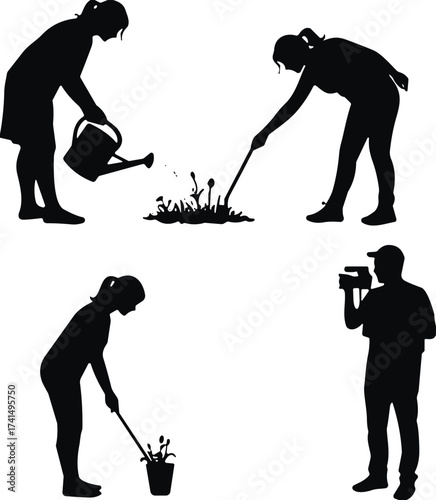 Gardening, silhouette, watering plants, tending garden, potted plant care, video recording, documentation, outdoor activity, black white contrast, minimal design,