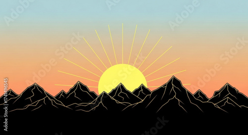 Mountain sunrise illustration, a majestic landscape with sun rising over mountain peaks, capturing the beauty of dawn