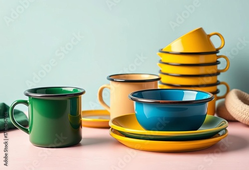 Vibrant enamel camping mugs, plates, bowls in forest green, sunny yellow, and deep blue hues,  blue,   meal