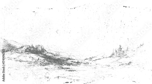 Grayscale textured landscape with rolling hills and sparse trees vector