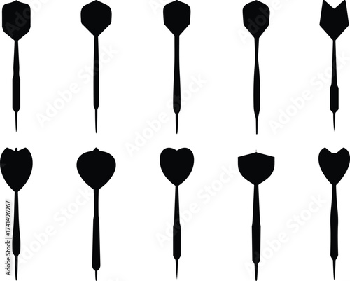 Silhouette dart icons, black dart shapes, vector dart flight designs, dartboard equipment, sports symbols, isolated darts, minimalist style, set