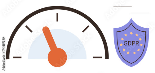 Speedometer gauge with needle and shield marked GDPR surrounded by stars. Ideal for data privacy, security, regulation, compliance, online safety, governance, transparency. Simple flat metaphor