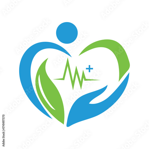 Healthcare & nature- hands, leaf & heart beat colorful flat vector illustration