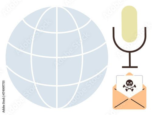 Globe symbolizing global presence, microphone for communication, phishing email threat. Ideal for cybersecurity, digital privacy, cybercrime, global connections, online threats, data security simple