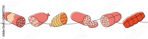 Sausage set. Butcher shop products one line colored continuous drawing. Vector illustration