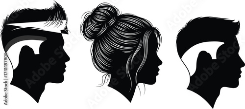 Silhouette hairstyle profile, modern haircut design, messy bun woman, fade haircut man, black and white portrait, fashion hair illustration