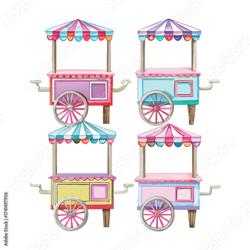 Vector illustration Four colorful watercolor carnival food carts with striped awnings
