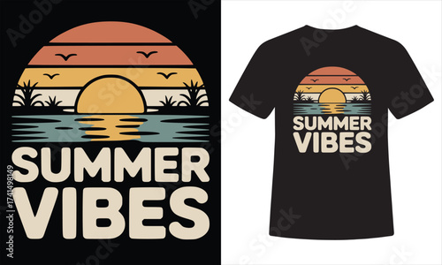 Summer Vibes T-Shirt Design – Retro Sunset with Ocean Waves, Palms & Flying Birds