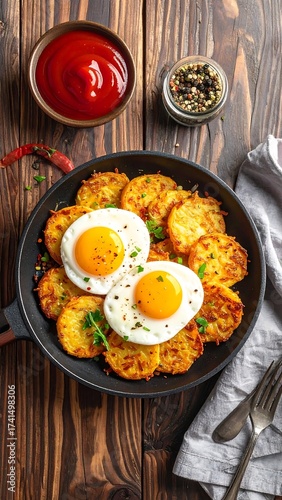Delicious Potato Pancakes Topped with Fried Eggs and Ketchup.