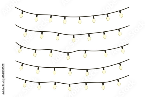 Christmas lights garland set on transparent background. Glowing festive decoration for holiday and party. Vector illustration of hanging string lights for winter events.