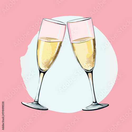 Vector illustration Two champagne glasses clinking with yellow bubbly liquid on pink background