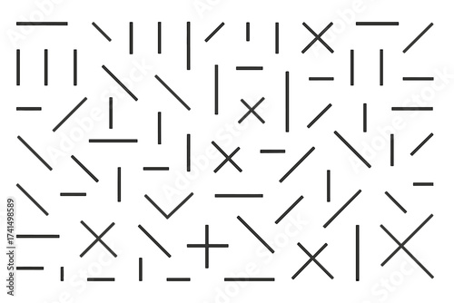 Simple geometric vector pattern with random lines. Abstract black and white background. Minimalist monochrome illustration with chaotic dashes, strokes, pluses, and crosses.