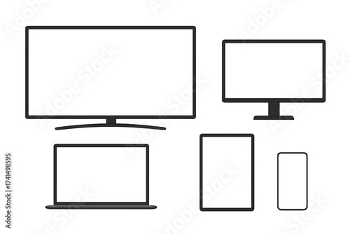 Realistic device mockup set with TV, computer monitor, laptop, tablet, smartphone. Empty white screen for template or design. Modern electronic gadgets vector illustration.