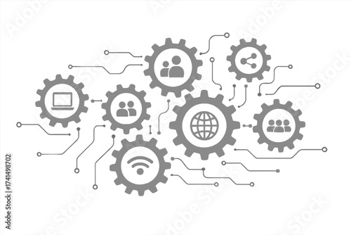 Technology mechanism vector concept. Abstract background with integrated gears and icons for digital strategy, internet, network, connect, communicate, social media, and teamwork.