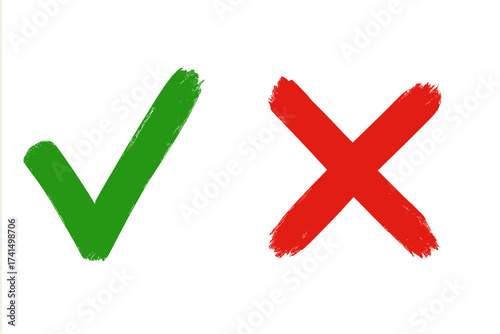 Hand drawn green checkmark and red cross signs. Brush stroke tick and X icons. Yes and no symbols for vote, decision, or test. Correct and incorrect choice buttons vector.