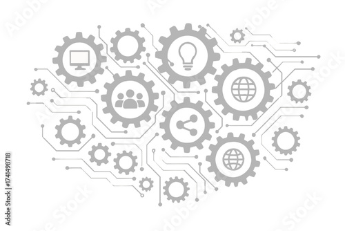 Technology mechanism concept with integrated gears and icons. Abstract vector for digital, strategy, internet, network, connect, communicate, social media, innovation, teamwork.