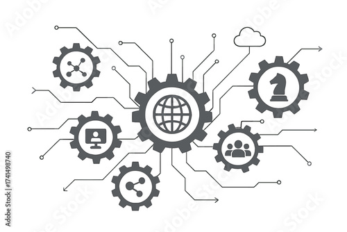 Technology mechanism concept. Abstract vector background with integrated gears and icons for digital strategy, internet, network, connect, communicate, social media and teamwork.