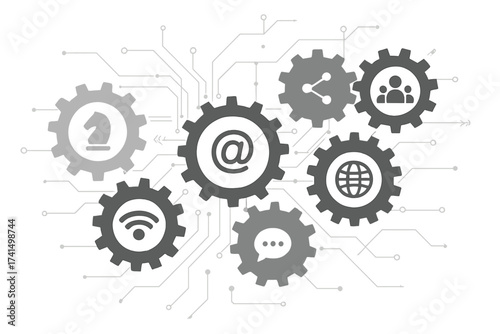 Technology mechanism abstract background. Integrated gears and icons for digital strategy, internet network, connect, communicate, social media, marketing, and global business.