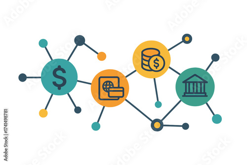 Financial network concept with connected circles and flat icons. Global banking, money transfer, and payment system. Abstract fintech vector illustration for business and economy.