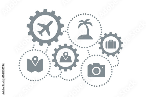 Travel mechanism abstract concept illustration. Vacation planning and journey logistics. Tourism industry process with gears and flat icons for flight, destination, map, and luggage.