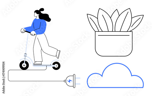 Woman riding an electric scooter, plug representing clean energy, potted plant, and cloud outline. Ideal for sustainability, eco-lifestyle, innovation, transportation, renewable energy technology