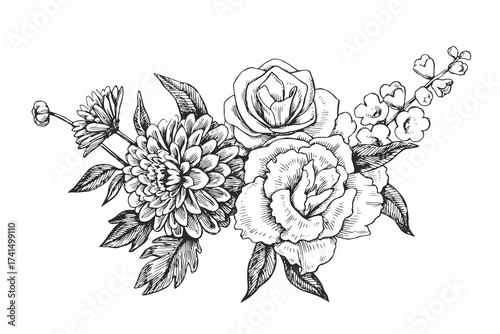 Vector hand-drawn illustration of a bouquet. Black and white sketch of beautiful flowers.