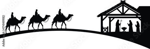 Nativity silhouette, Christmas illustration, holy family, baby Jesus, Three Wise Men, religious scene, black and white, manger, Bethlehem, worship