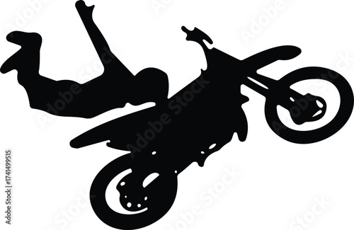 Motorcycle stunt silhouette, extreme sports action, freestyle motocross jump, airborne rider trick, black silhouette biker, adrenaline, daring, mid-air performance