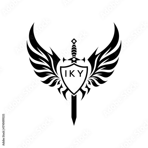 Winged Sword and Shield Logo with IKY Letters, IKY Later Logo, Heraldic Emblem, Black and White Vector Design

IKY logo, emblem, IKY heraldic, crest, IKY sword, shield, wings, IKY warrior, knight, IKY