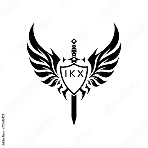 Winged Sword and Shield Logo with IKX Letters, IKX Later Logo, Heraldic Emblem, Black and White Vector Design
