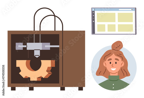 3D printer crafting a mechanical gear while a woman designer observes. Digital interface for design visualization. Ideal for innovation, design, technology, engineering, creativity, manufacturing