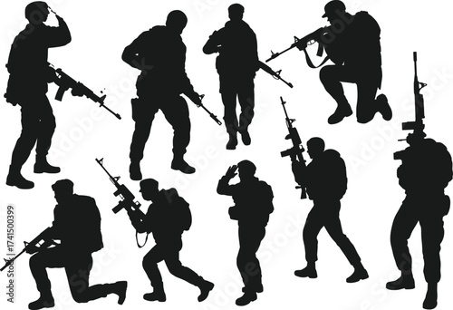 Military soldier silhouette, tactical pose, armed forces, rifle combat, war action, army training, battlefield stance, defense, saluting troops, black shadow