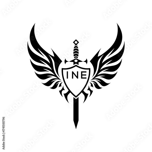 Winged Sword and Shield Logo with INH Letters, INH Later Logo, Heraldic Emblem, Black and White Vector Design
