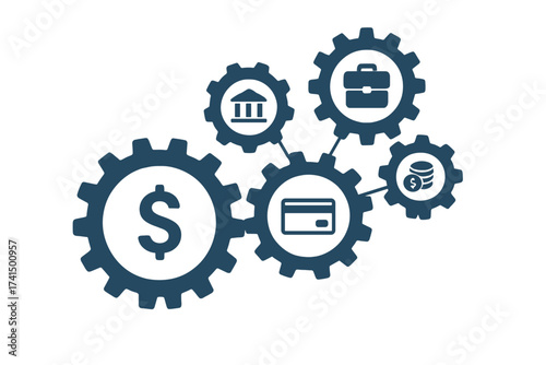 Banking mechanism concept. Finance system with connected gears and flat icons. Symbols for money, investment, business, payment and economy. Vector illustration infographic.