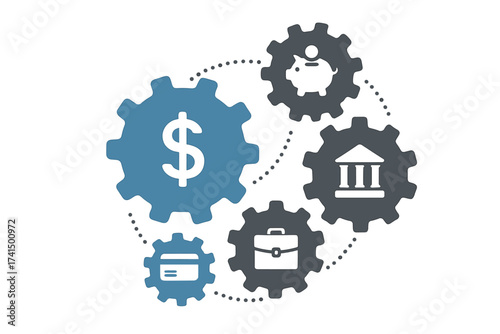 Banking mechanism and financial system concept. Abstract vector illustration with connected gears and flat icons for money, savings, investment, business and finance.