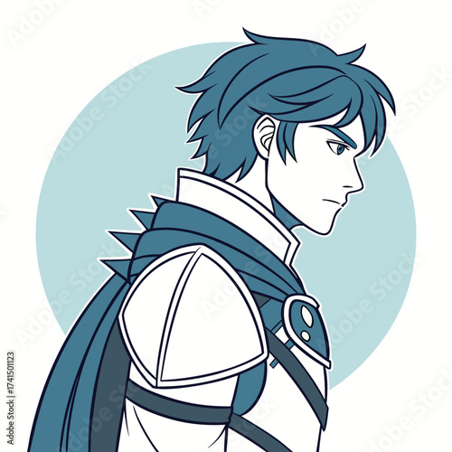 Determined young warrior with blue hair stands valiantly against a soft blue backdrop