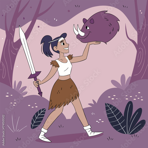 Smiling warrior woman proudly holds a stylized rhinoceros head while standing in the stylized forest