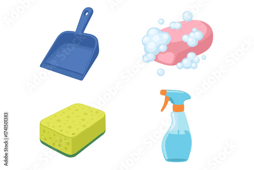 Cleaning service supplies vector icon set. Cartoon household chores elements. Dustpan, foamy soap bar, washing sponge and spray bottle detergent for windows. Housekeeping concept.