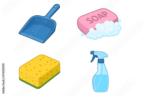 Vector cleaning supplies icon set. Cartoon dustpan, foamy soap bar, washing sponge, and spray bottle. Housework, hygiene, and disinfection concept for web and print.