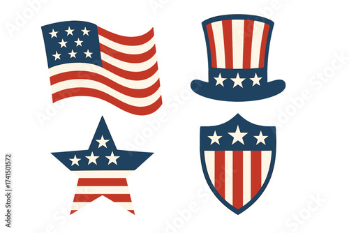 USA patriotic icon set with American flag, Uncle Sam hat, star, and shield symbols. Vintage vector graphic for 4th of July, Independence Day, and Memorial Day celebration.