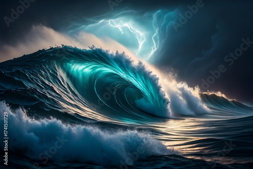 Fototapeta Naklejka Na Ścianę i Meble -  Dramatic ocean wave crashing with radiant green glow and stormy sky overhead