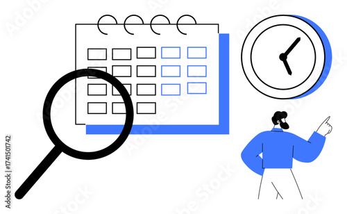 Magnifying glass over a calendar, a clock, and a person pointing, representing scheduling, task planning, time management, organization, prioritization deadline tracking and productivity. Simple