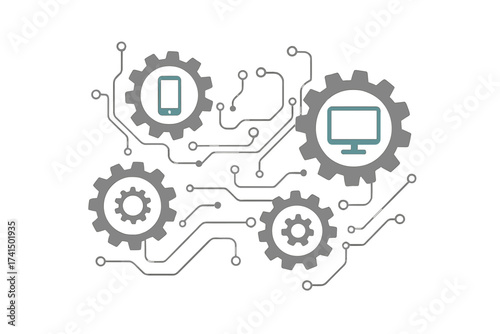 Electronics mechanism with connected gears and integrated flat icons. Abstract background for technology, network, phone, computer. Vector interactive illustration concept.