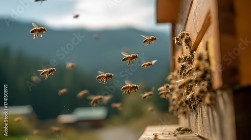 Active bees leaving hive in natural setting amidst greenery and mountains