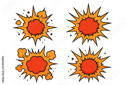 Comic book explosion set. Cartoon boom and bang blast. Pop art style vector illustration for sale and discount stickers. Fireball flash icon pack on transparent background.