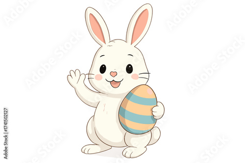 Cute Easter bunny waving with a colorful egg. Happy white rabbit character for holiday greeting card. Funny animal vector illustration isolated on transparent background.