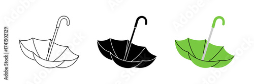 Upside down umbrella icon collection in outline, black silhouette and green color