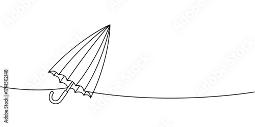 Simple folded umbrella outline in monoline art style, minimal vector parasol for weather and travel illustration
