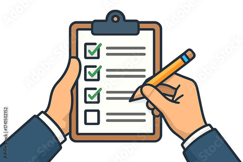 Businessman hands holding clipboard with pencil, marking checklist. Concept of task management, to-do list, survey, exam, done. Goal achievement, planning, success vector.